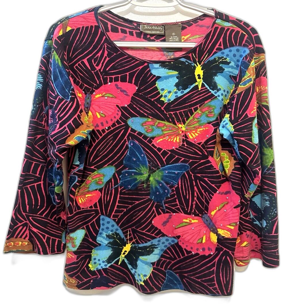 Vintage Y2K Jane Ashley Casual Lifestyle Butterfly Print Top Womens Small
